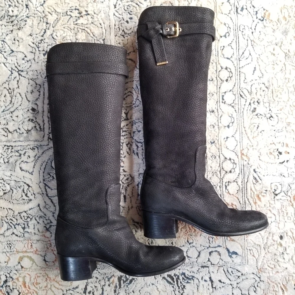 LOUIS VUITTON Black Grained Leather Suede Knee High Boots 35.5 - Picture 11 of 17